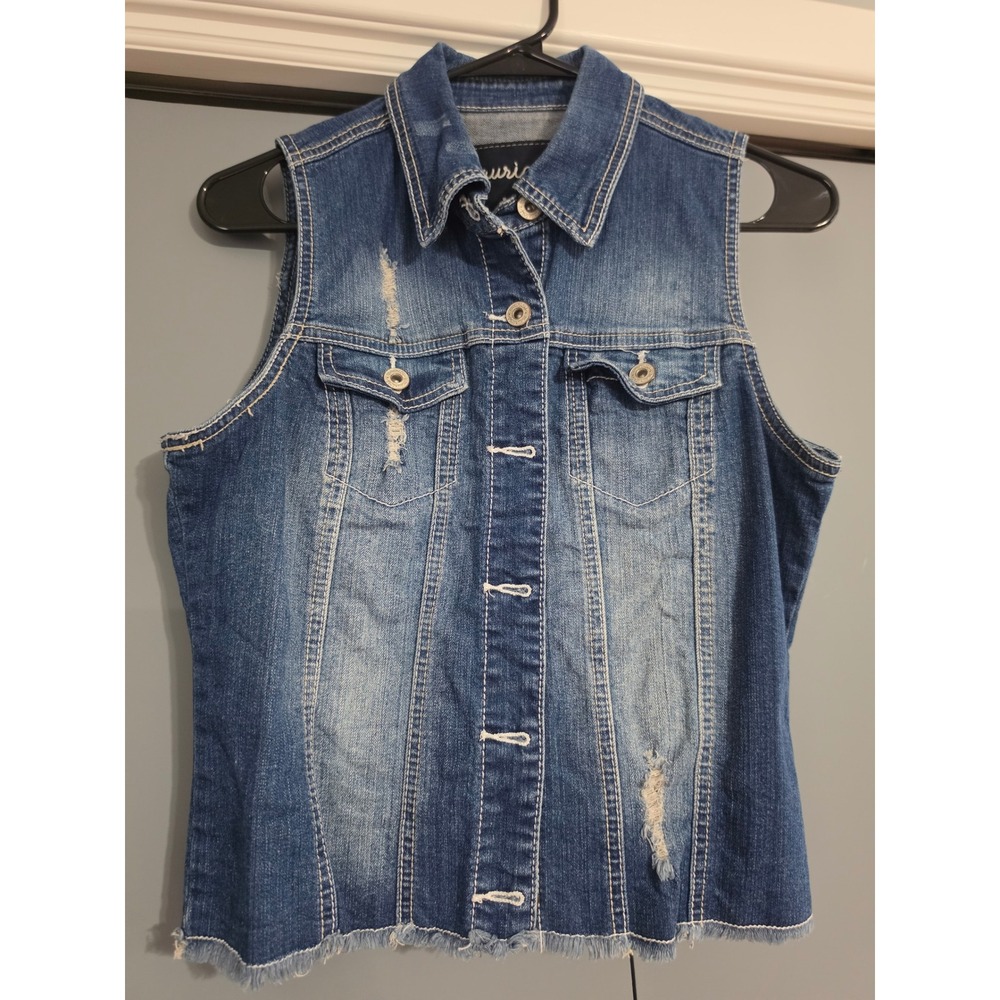 Maurices Denim Vest Women Medium Blue Excellent Distressed Frayed Sleeveless